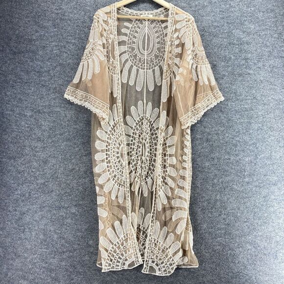Rebellion Top Women S Small Beige Floral Embroidered Open Front 3/4 Sleeve Sheer - Picture 1 of 9